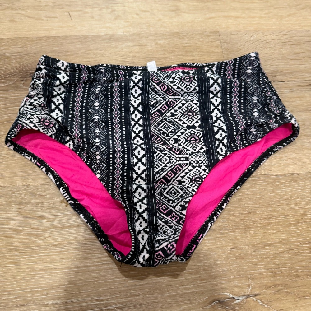 High Waisted Geometric Tribal Bikini Bottom Black White Pink Small